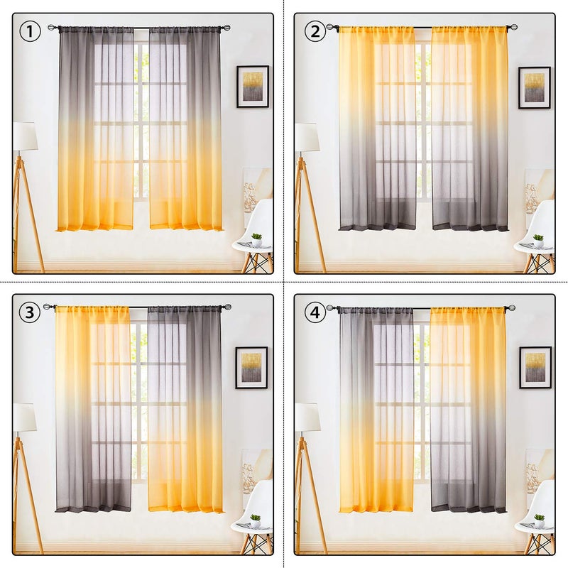 July Joy Faux Linen Ombre Sheer Curtains Yellow and Grey 2 Tone Reversible Rod Pocket for Girls Bedroom, Privacy and Light Filtering Semi Gradient Window Curtain Pair, Set of 2 Panels, 54 x 63 inch - Image 2